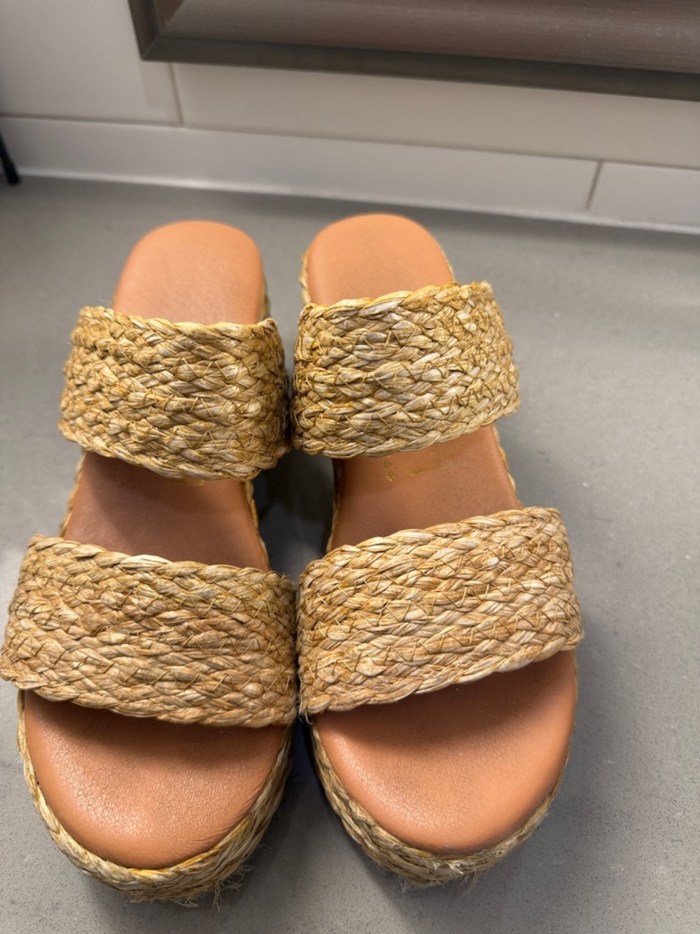 Braided Double-Strap Platform Sandals in Natural Tan